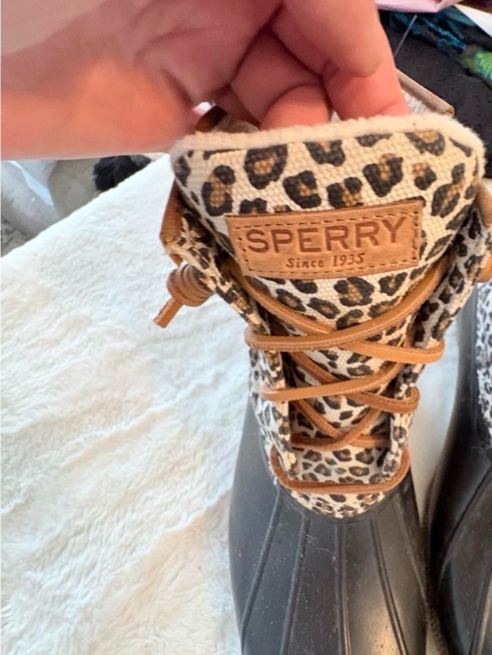 Sperry Leopard Print Ankle Duck Boots with Tan Accents